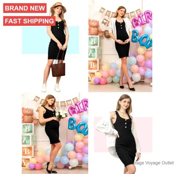 Maternity Bodycon Dress Sleeveless Striped Button Knit Summer Pregnancy - Picture 5 of 7